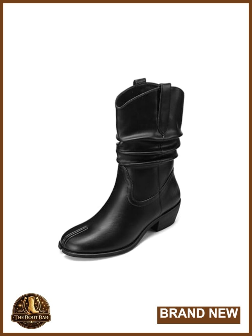 Split Toe Cowboy Boots Faux Leather Mid Calf Chunky 2 Inch Heel Pull On Western